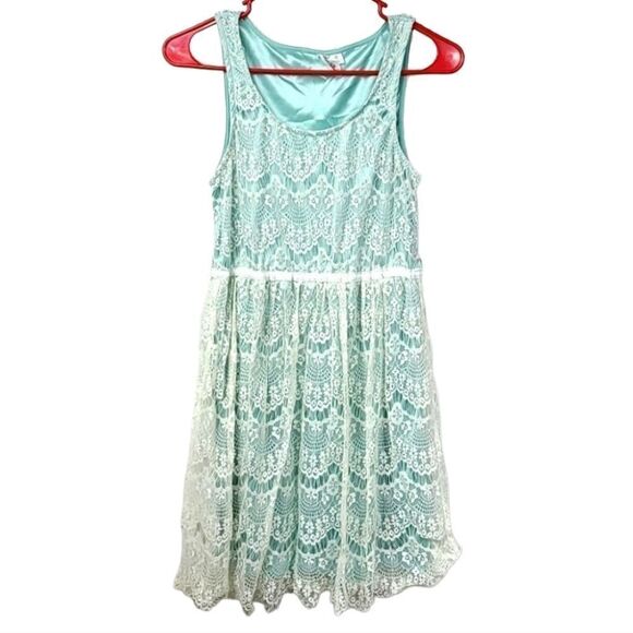 Lulus Others Follow Lana Mint and White Lace Dress Sleeveless Stretch Knit Mini - Picture 5 of 16